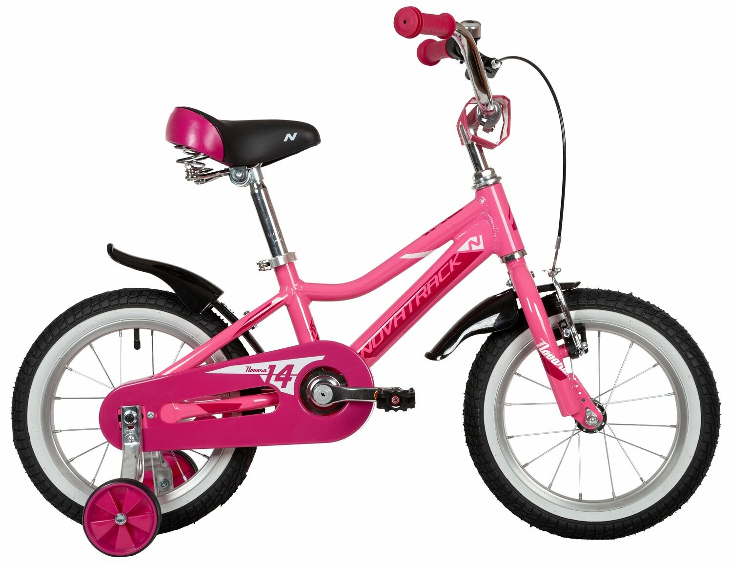 NOVATRACK NOVARA 14" (2022) (Велосипед NOVATRACK 14" NOVARA алюм., розовый, пер.руч., зад.нож. тормоз, короткие крылья, полная за)