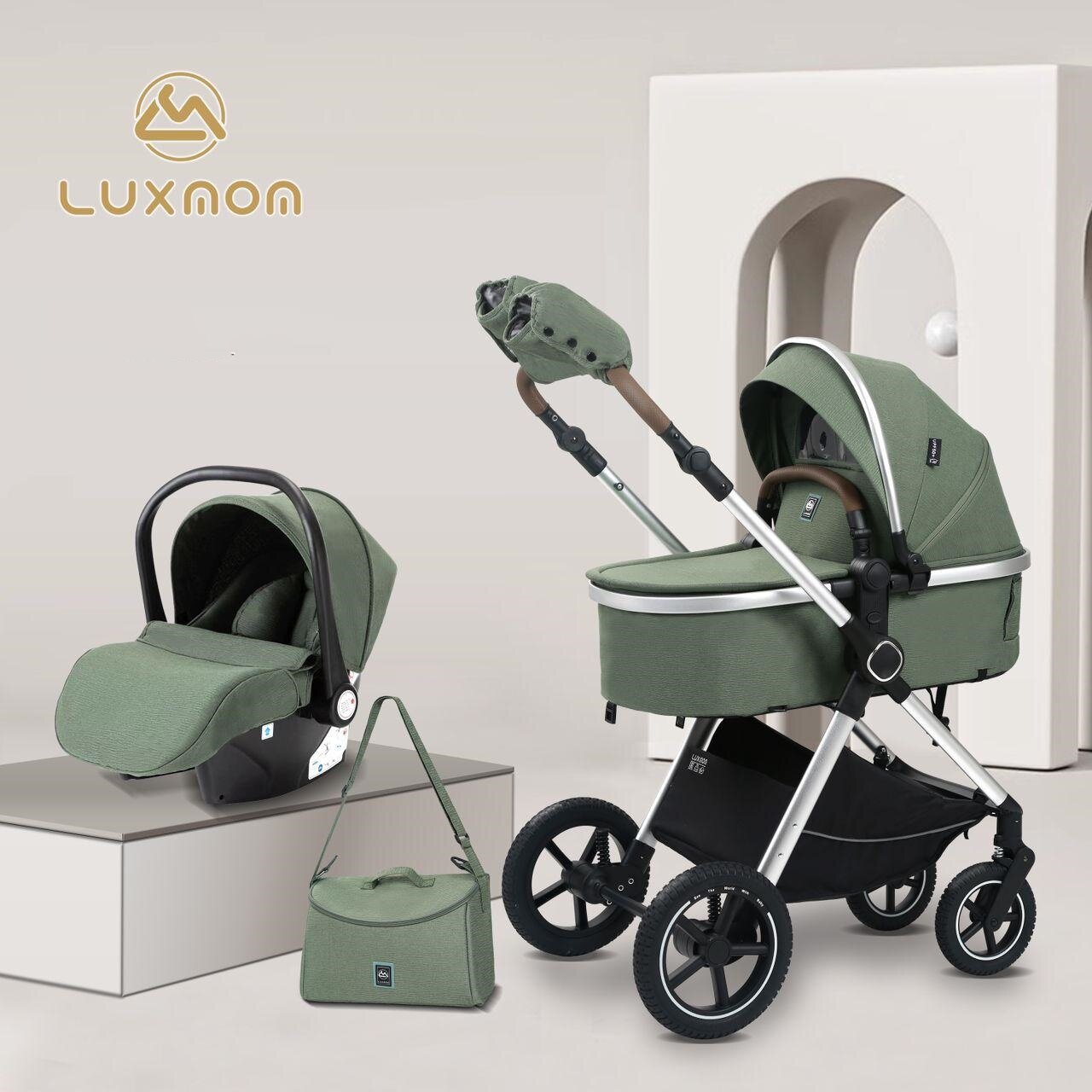 Коляска-трансформер 3 в 1 с перекидной ручкой Luxmom A6, зеленый