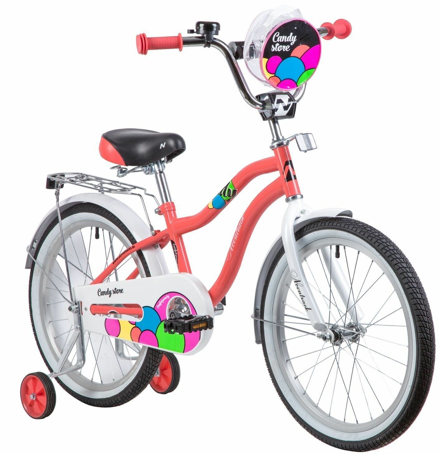 Велосипед NOVATRACK 20", CANDY, коралловый, полная защита цепи, тормоз нож, сумочка на руль, крылья