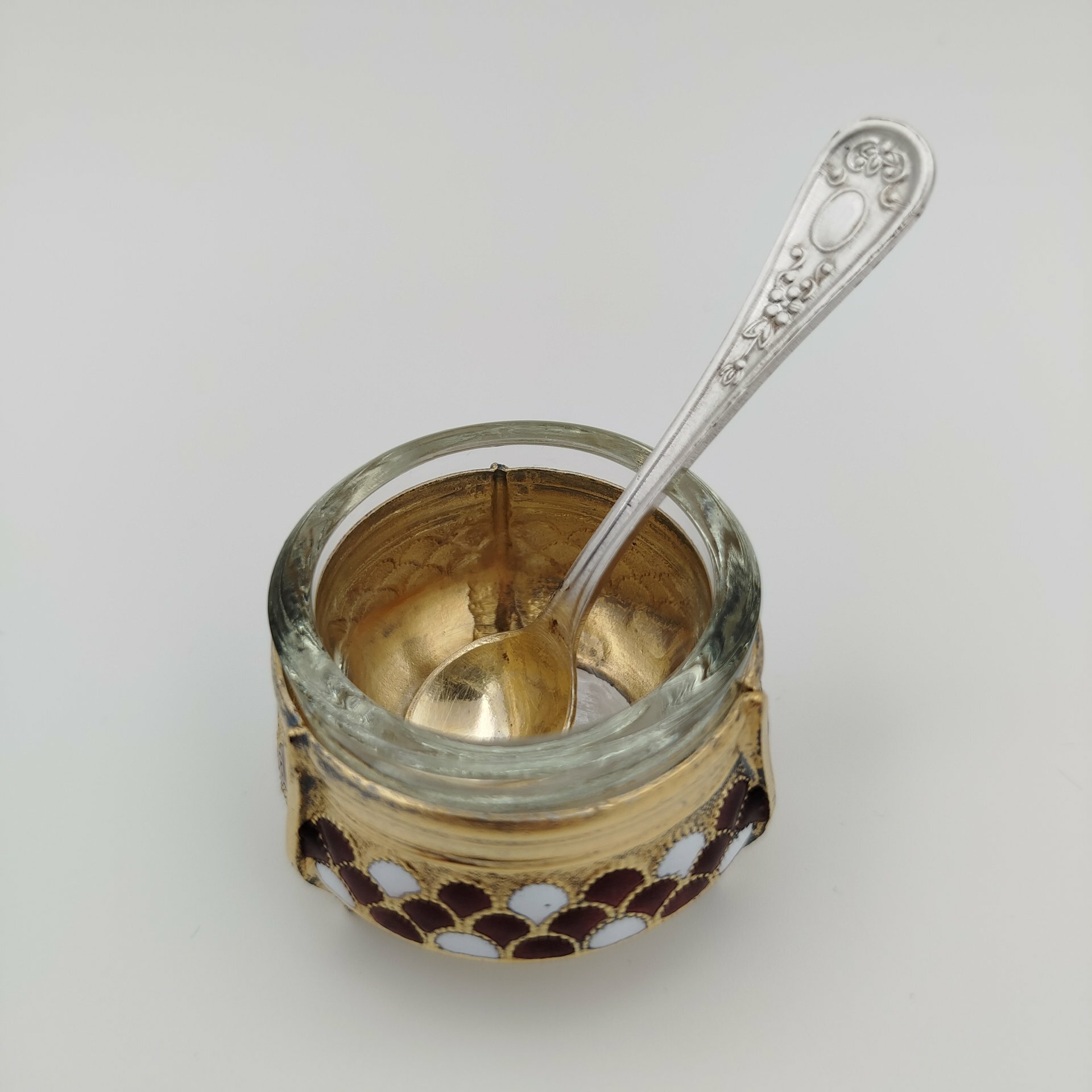 Солонка, мельхиор (медь-никель), эмаль, стекло
