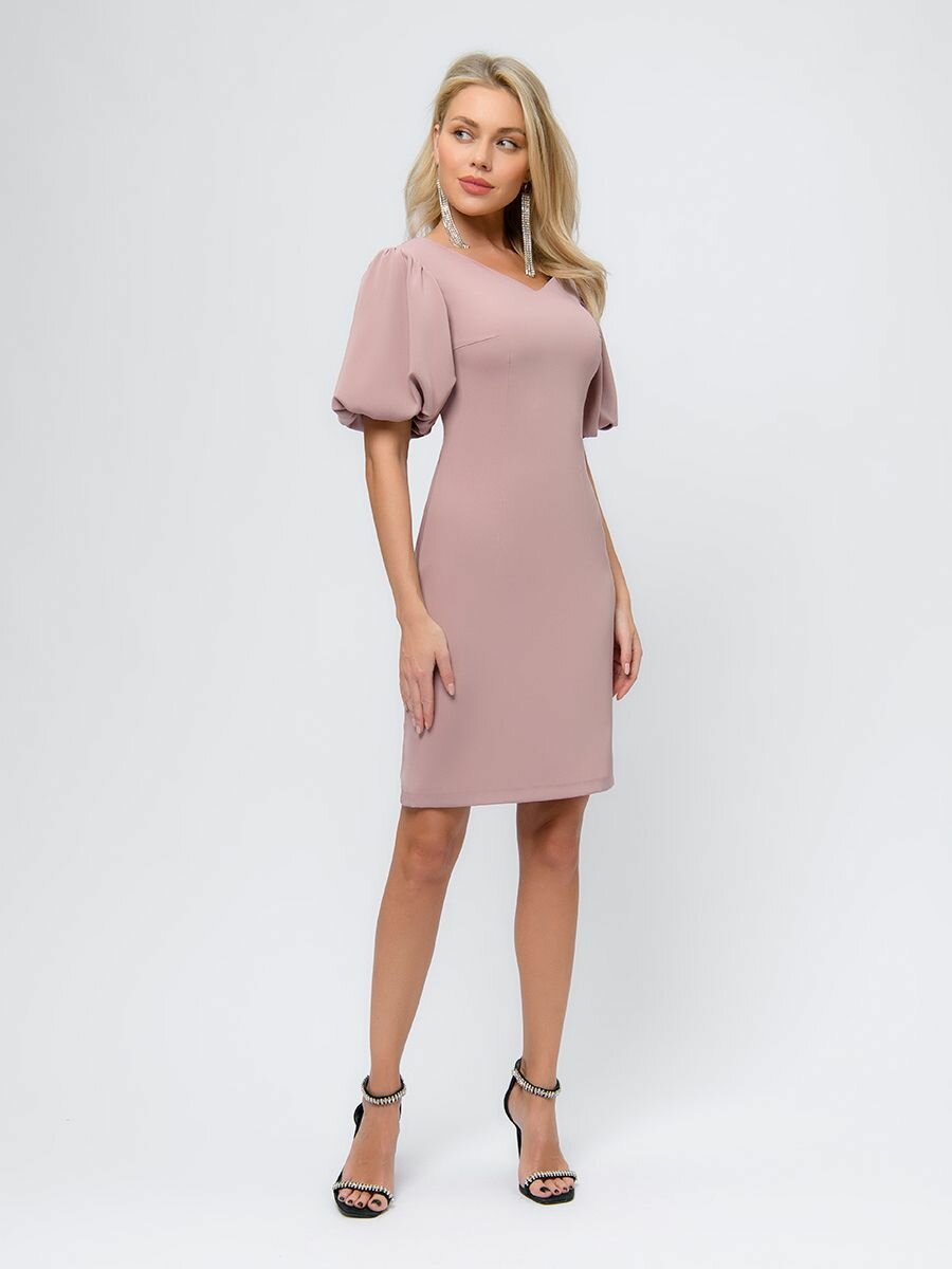 1001dress Платье футляр женское вечернее коктейльное праздничное офисное пыльная роза мини с объемными рукавами и открытыми плечами осень