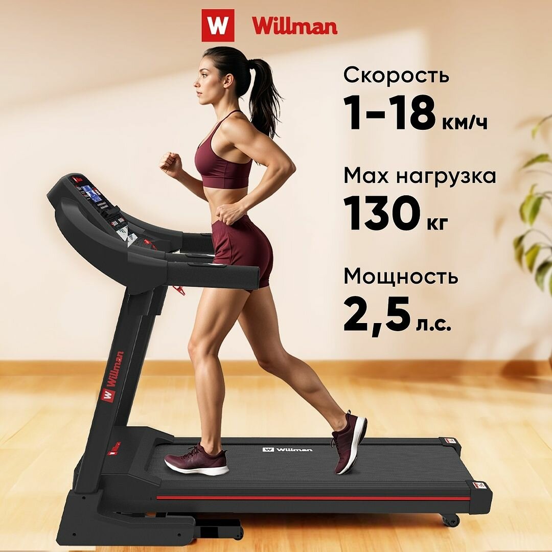 Беговая дорожка электрическая Willman T4400F для дома, складная, нагрузка до 130 кг, максимальная скорость 18 км/ч, черный