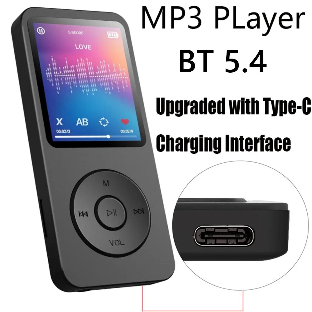 MP3-плеер 1,8 дюйма, HiFi музыкальный плеер без потерь, Bluetooth Type-C Walkman, поддержка FM-радио, электронная книга, запись, black no card