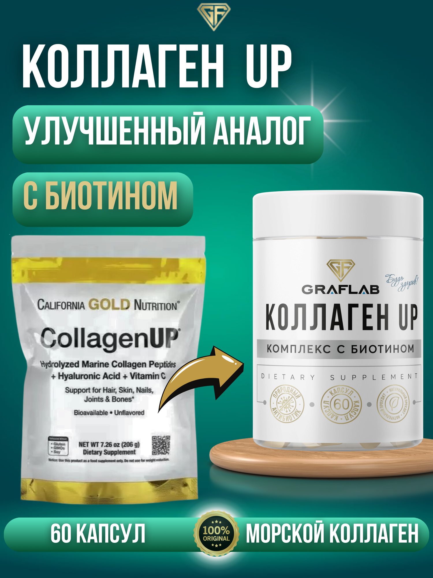 GraFLab, Коллаген морской с биотином, collagen up, 3500 мг, 60 капсул