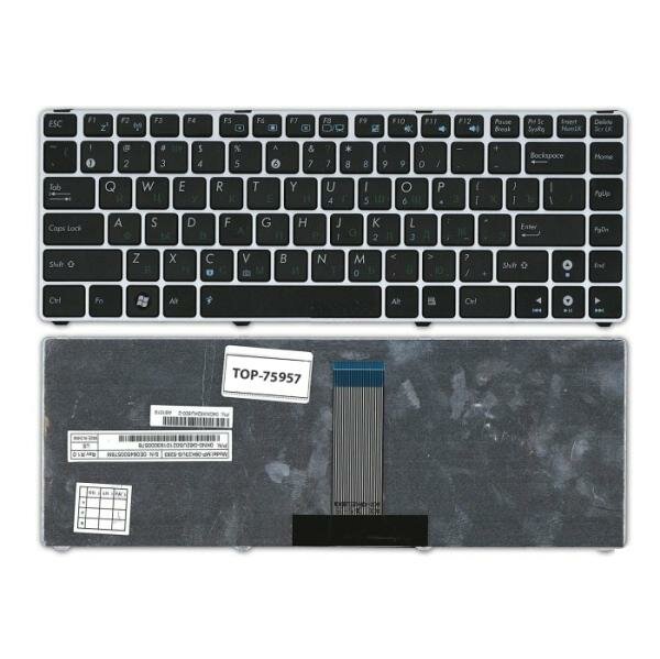 Клавиатура для ноутбука Asus U20, UL20, Eee PC 1201, 1215, 1215B Series. Плоский Enter. Черная, серебристой рамкой. PN: 9J.N2K82.90R