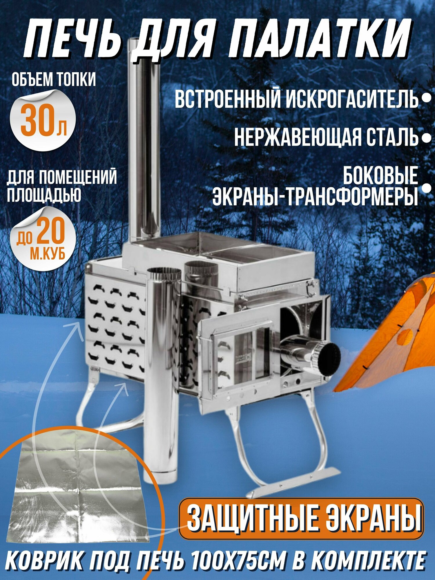 Комплект печь-камин Инвент Средний с экранами-трансформерами + Коврик под печь 75*100 см