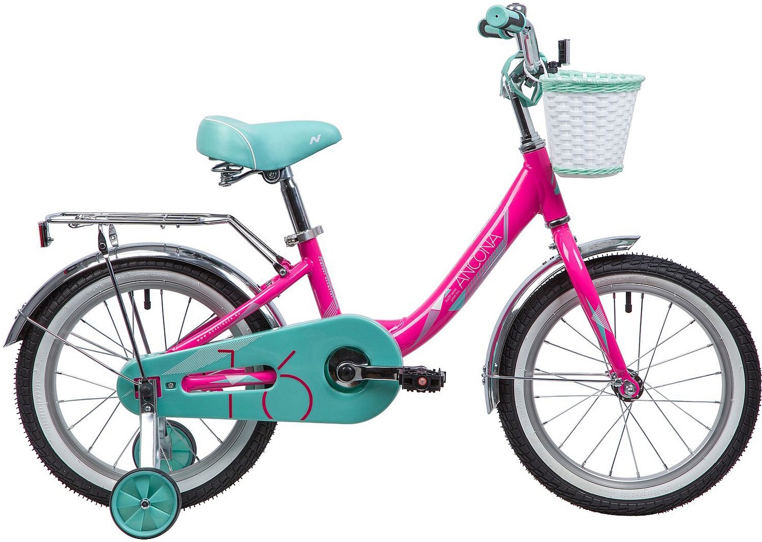 NOVATRACK ANCONA 16" (2019) (Велосипед NOVATRACK 16", ANCONA, розовый, тормоз нож.передняя корзина,,крылья и багаж. хромир.)