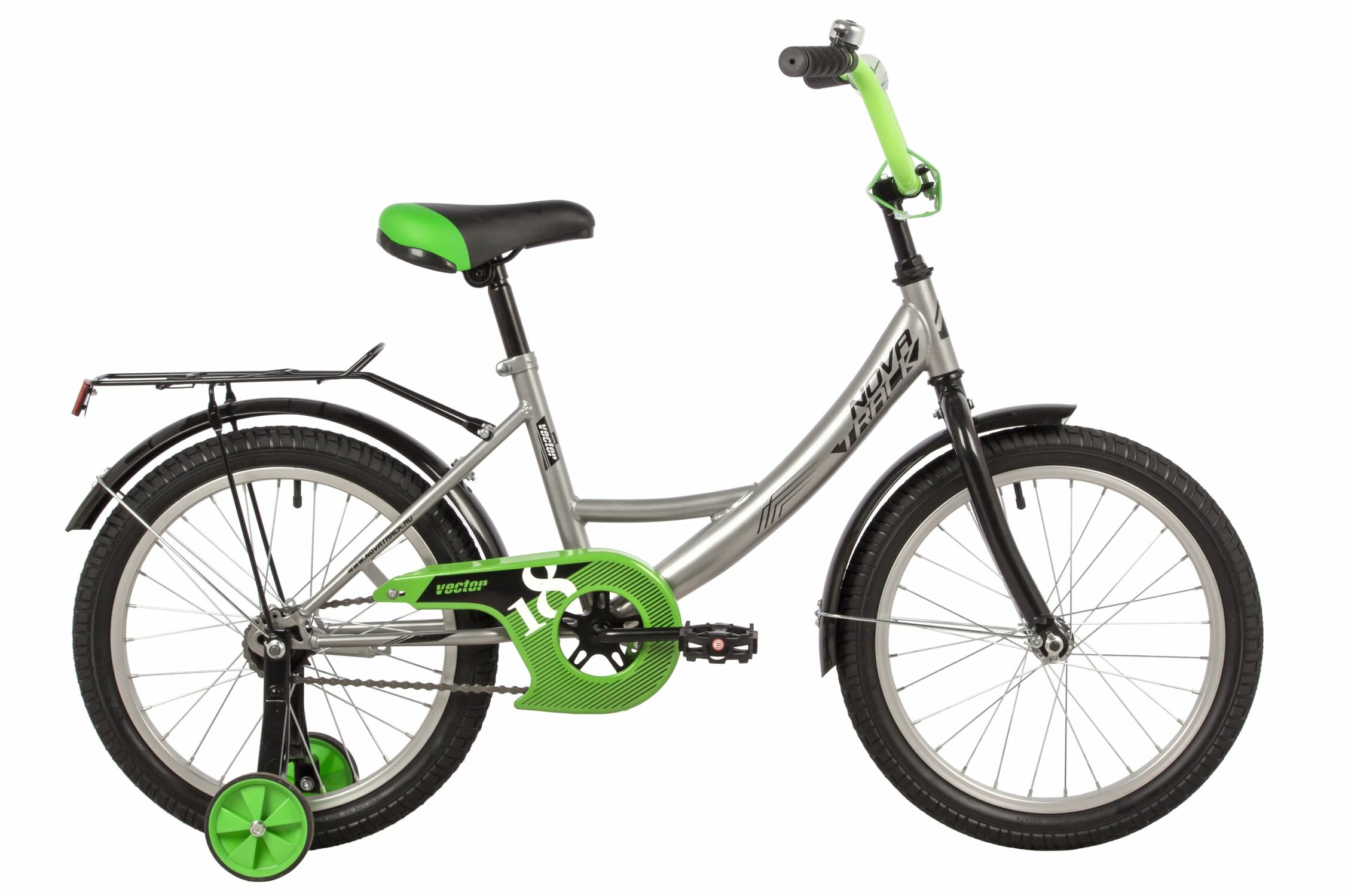 Novatrack Vector 18" (2022) (Велосипед NOVATRACK 18" VECTOR серебристый, защита А-тип, тормоз нож., крылья и багажник чёрн.)