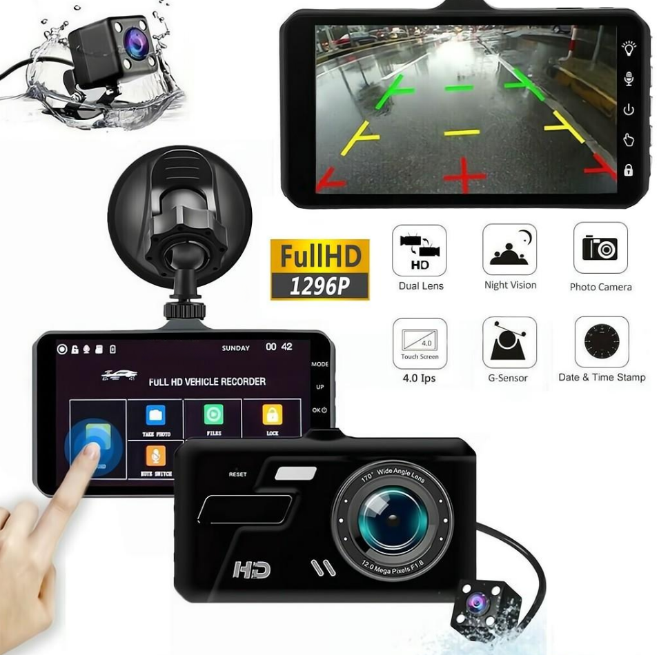 Автомобильный видеорегистратор Full HD 1080P cенсорным LCD дисплеем / Основная камера + Камера заднего вида для парковки / G-Sensor / HDR