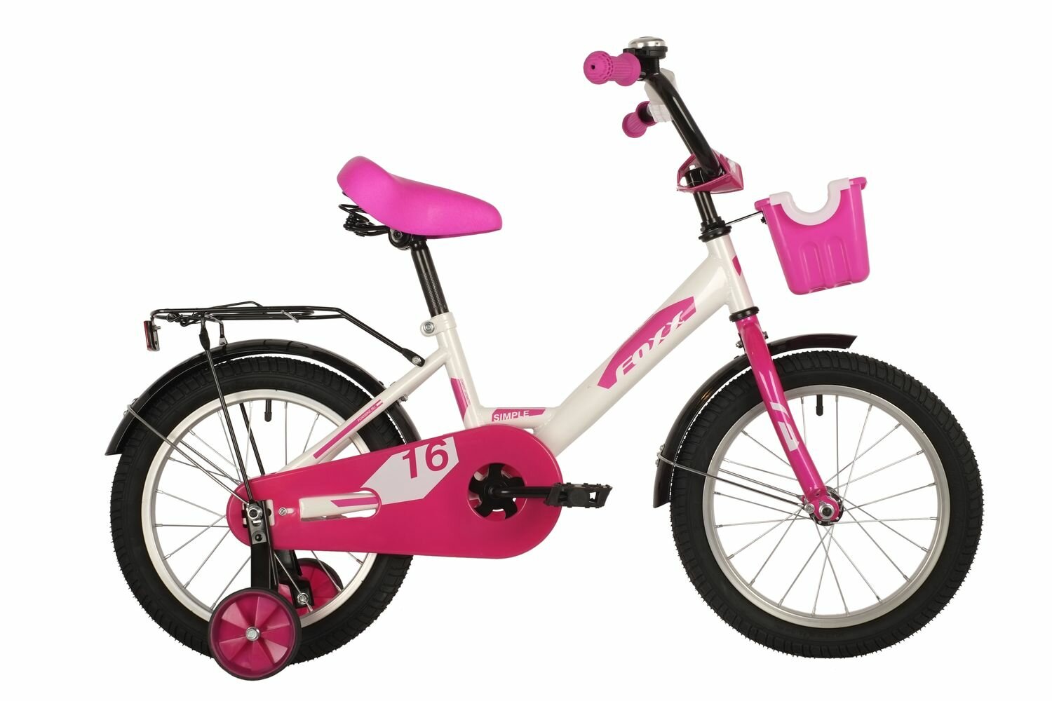 FOXX SIMPLE 16" (2021) (Велосипед FOXX 16" SIMPLE белый, сталь, тормоз нож, крылья, багажник, перед.корзина, полная защ.цепи)