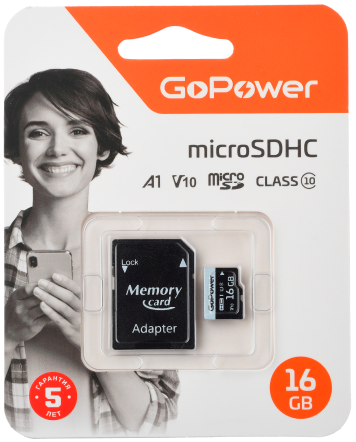 Карта памяти 16Gb MicroSD GoPower + SD адаптер (00-00025674)