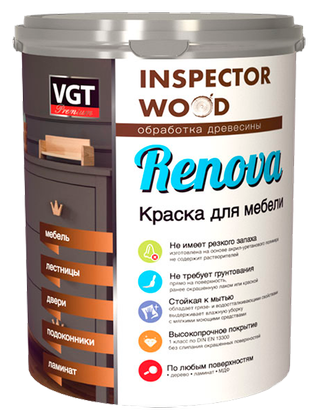 Краска полиуретановая VGT Renova для мебели влагостойкая моющаяся полуматовая