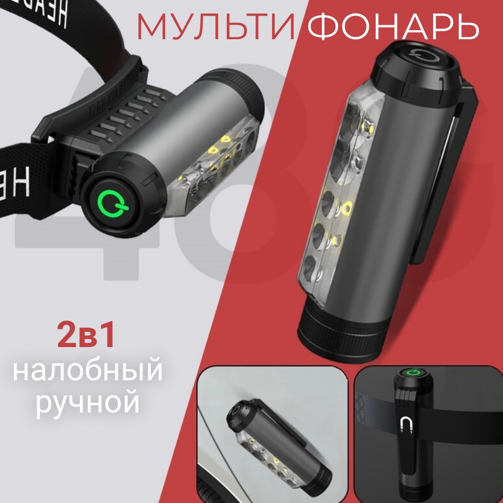 Фонарь налобный аккумуляторный мощный светодиодный SimpleShop для кемпинга с зумом/ Тактический походный яркий фонарик