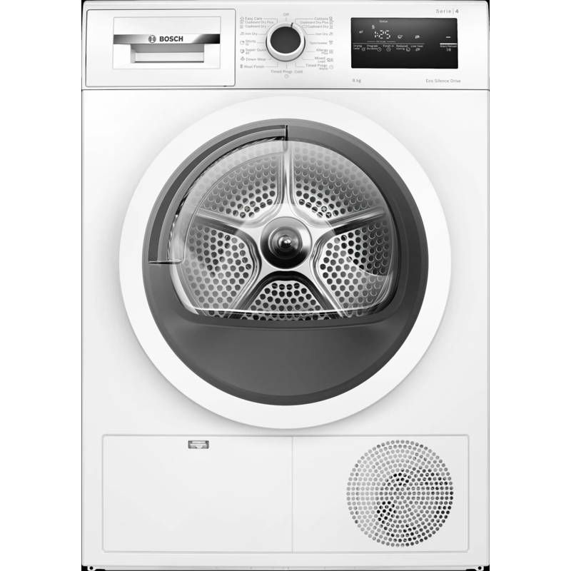 BOSCH 84.2х59.8х61.3 см, Serie 4, конденсационный сушильный барабан, 8кг, белый цвет, QuickDry Auto program, AutoDry, EcoSile