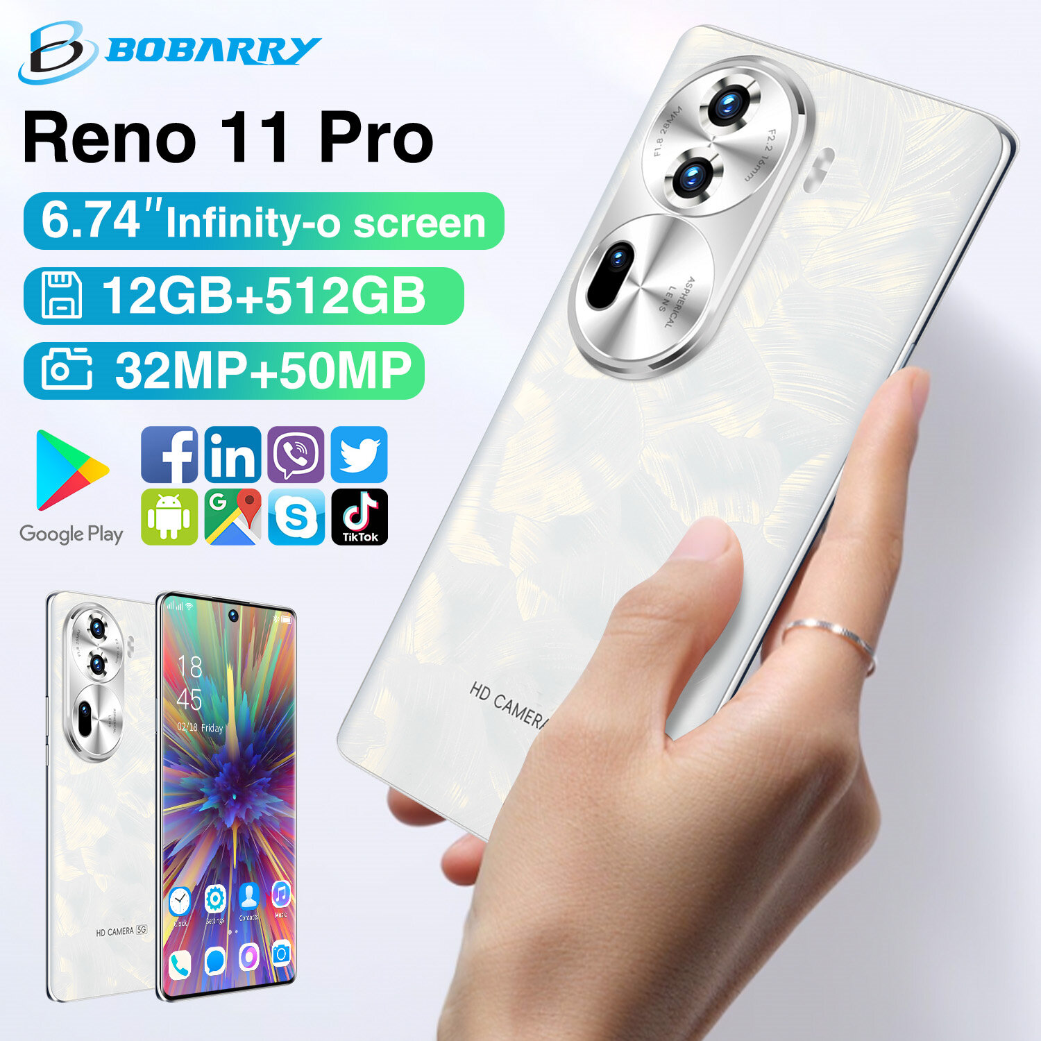 Смартфон Bobarry Reno 11 Pro 512ГБ, 12ГБ ОЗУ, Android 13, 5G, белый