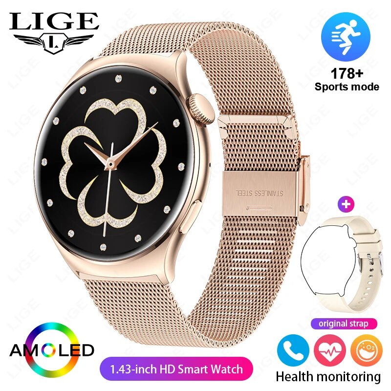 LIGE Новые умные часы с AMOLED-экраном 1,43 дюйма, 2024, часы с Bluetooth-звонком для женщин, монитор здоровья, спортивные, фитнес-женские умные часы