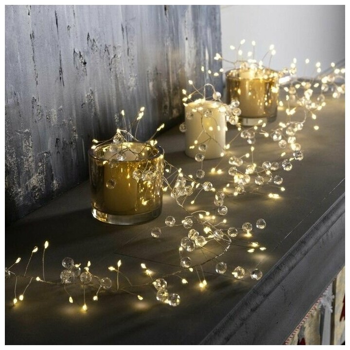 Luazon Lighting Гирлянда новогодняя "Мишура" 2 м роса с насадками "Грозди", IP20, серебристая нить, 200 LED, свечение тёплое белое, ААх3