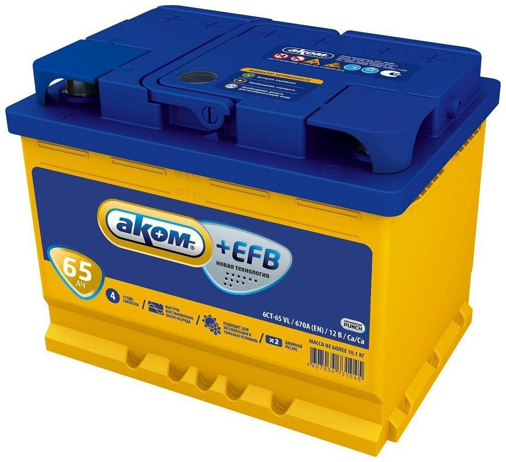 Аккумулятор Аком +Efb 65 А/Ч Обратная R+ 242X175x190 En670 АКОМ арт. 6CT-65.0