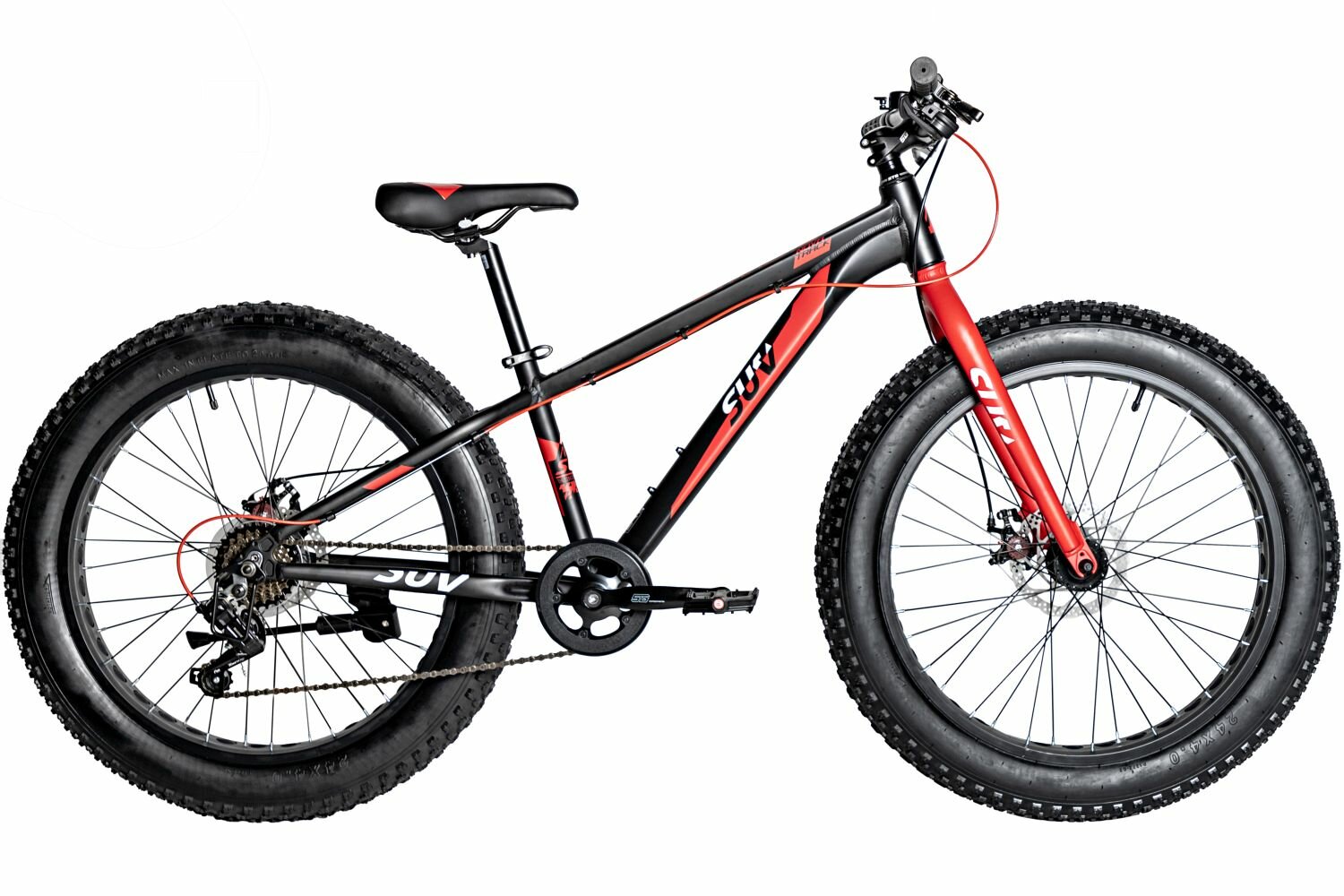 Novatrack Suv 24" (2024) (Велосипед NOVATRACK FATBIKE 24" SUV алюм. рама 13, графит, 7-скор, TY200/TS38, диск. торм. STG)