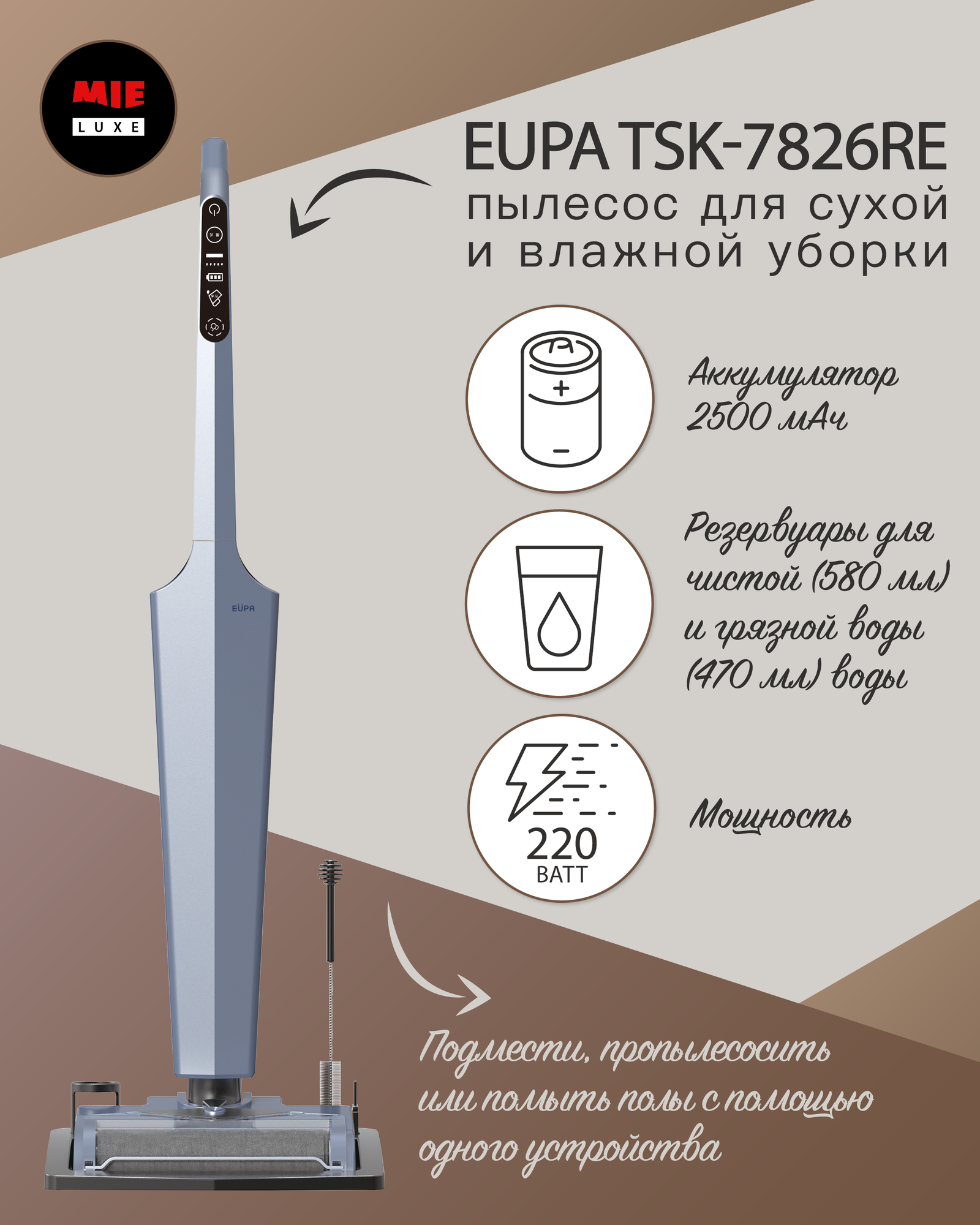Вертикальный пылесос для влажной и сухой уборки EUPA NEW Blue