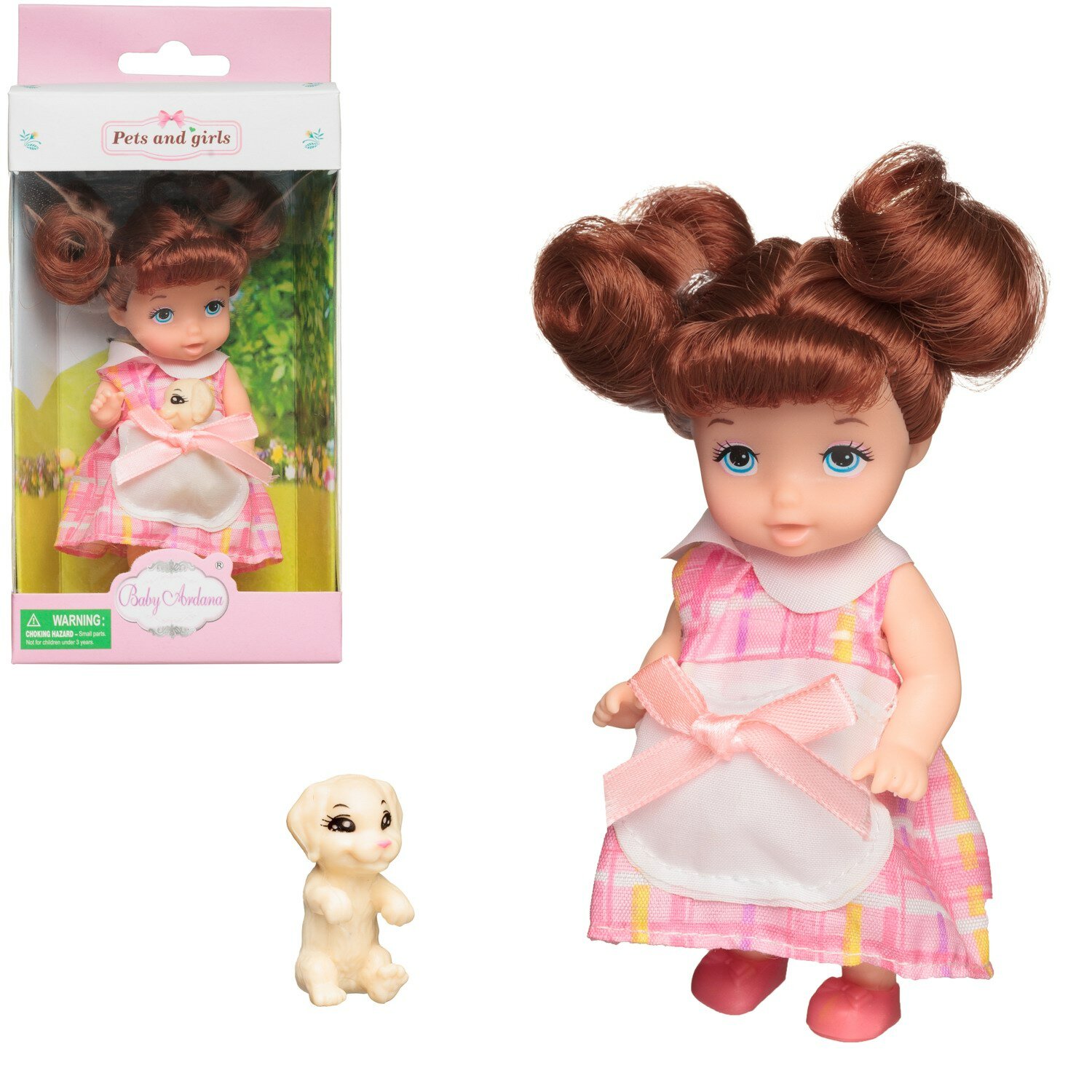 Junfa toys Кукла-мини Baby Ardana серия Питомец шатенка с хвостиками с бежевым щенком 11 см A593/бежевыйщенок