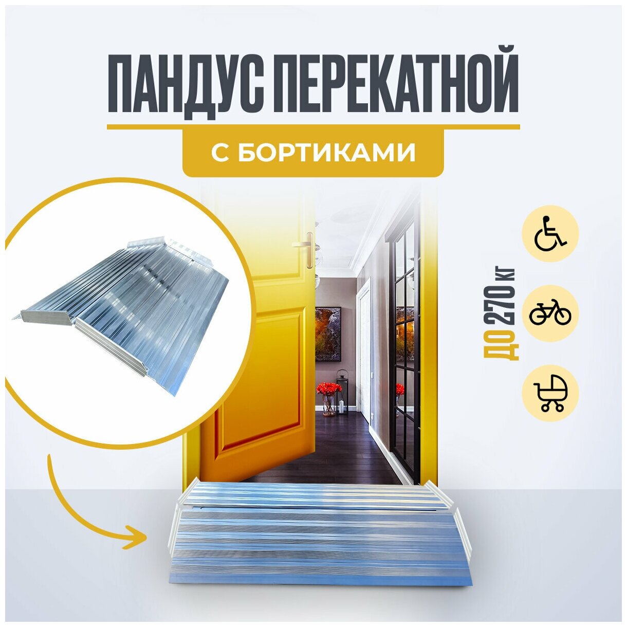 Перекатной пандус с бортиками для порогов высотой до 10 см, ширина 60 см
