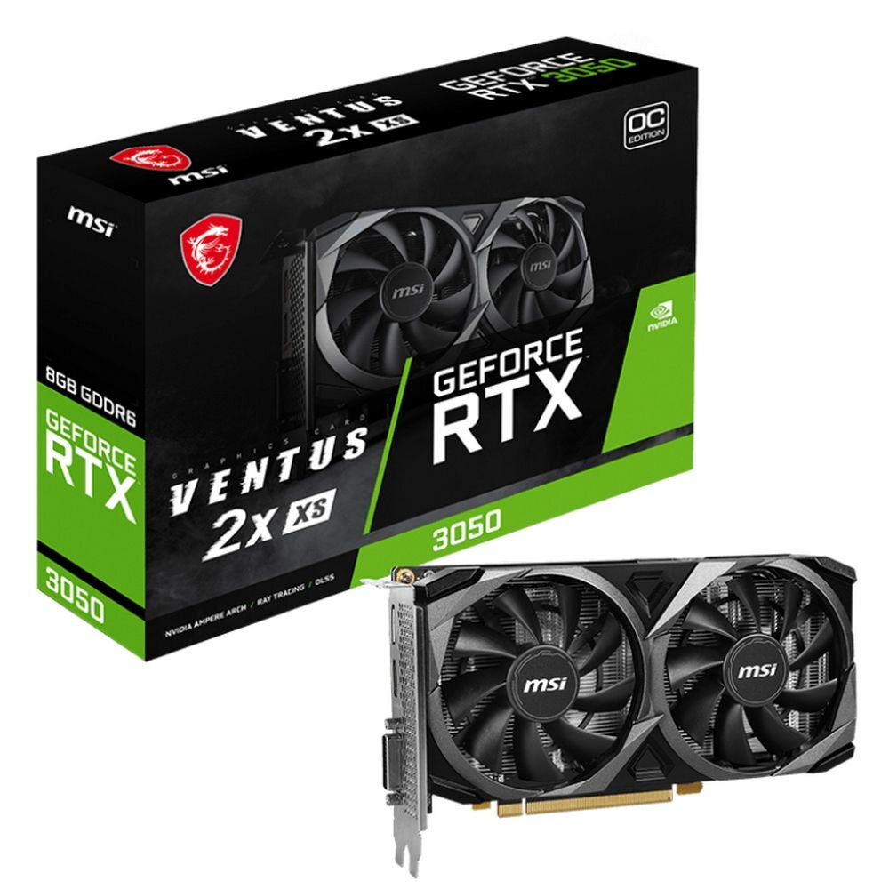 Видеокарта MSI RTX3050 VENTUS 2X XS 8GB OC GDDR6 128-bit DP HDMI DL-DVI-D 2FAN RTL GeForce RTX 3050 VENTUS 2X XS 8G OC