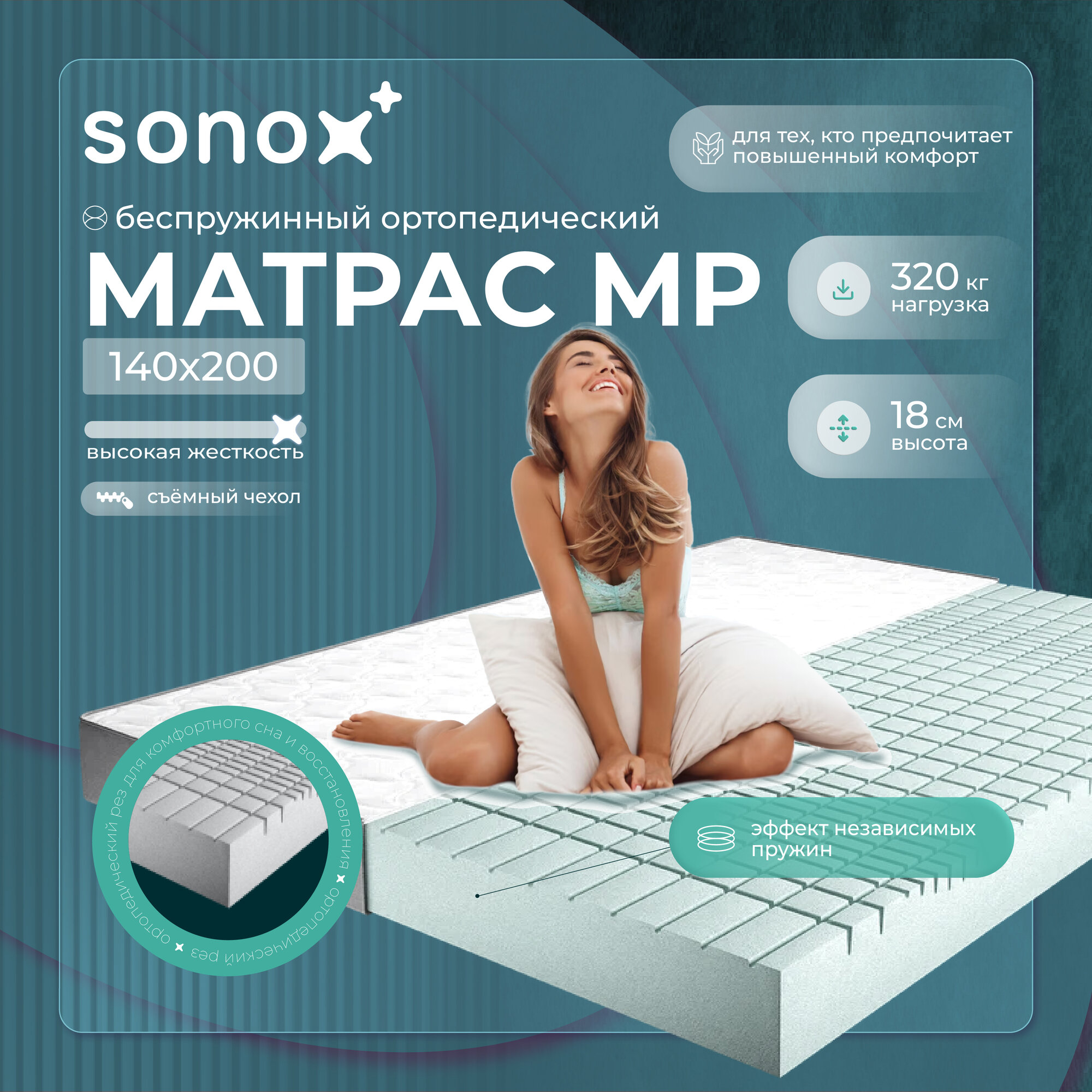 Матрас 160х200 см, двусторонний SONOX, беспружинный, анатомический, 7 зон жёсткости FH160200