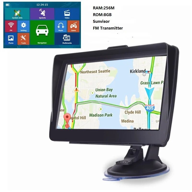 KMDRIVE Автомобильная навигационная система GPS 7 дюймов солнцезащитным козырьком 256 8 ГБ для грузовика спутниковый навигатор FM передатчик бесплатные карты