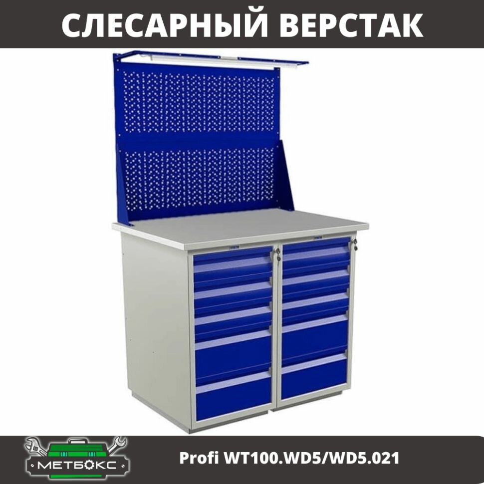 Верстак двухтумбовый слесарный Практик Profi WT100. WD5/WD5.021 (с двумя перфорированными экранами и подсветкой, 1000 мм, для слесаря, школы, гаража, универсальный)