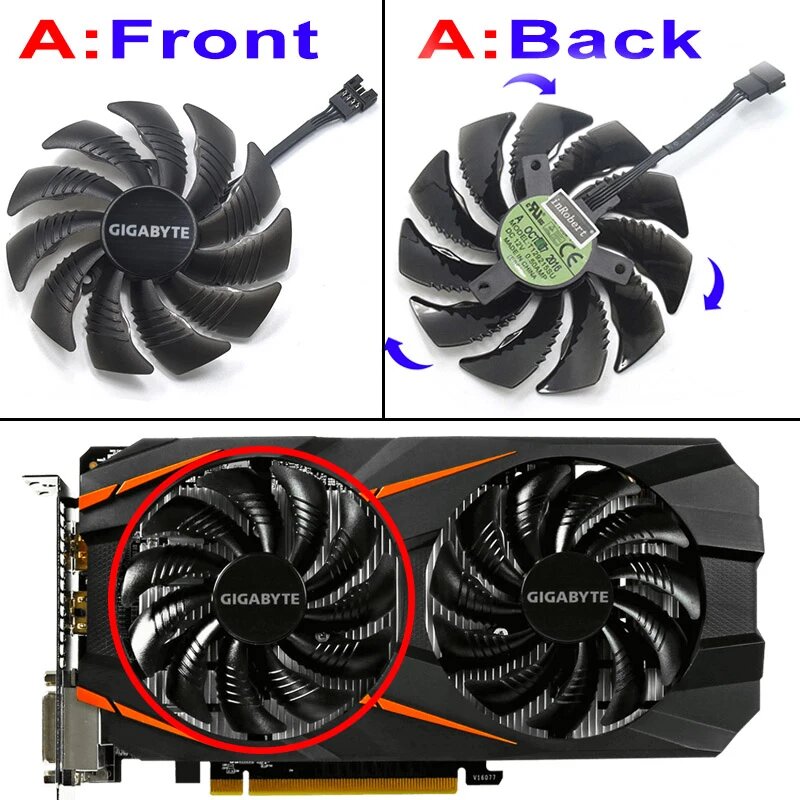 Кулер для видеокарты GIGABYTE GTX1050 Ti 1060 1070 Ti 1080 RX 470 480 570 580 PLD09210S12HH G1, 88 мм