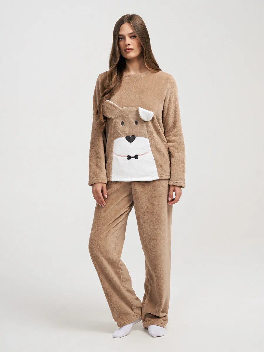 Плюшевая пижама с вышивкой и брюками твое, арт. B3995, бежевый, XS
