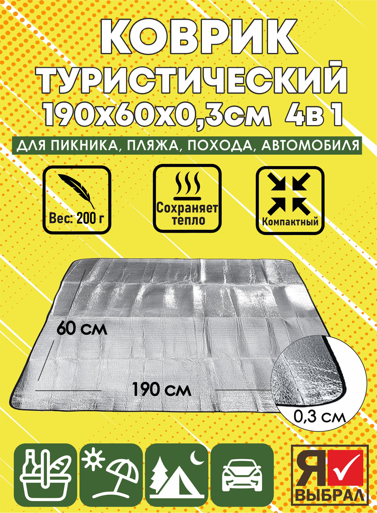 Коврик туристический складной фольгированный каремат 190х60х0,3 см для пикника, в палатку, для отдыха и спорта на природе