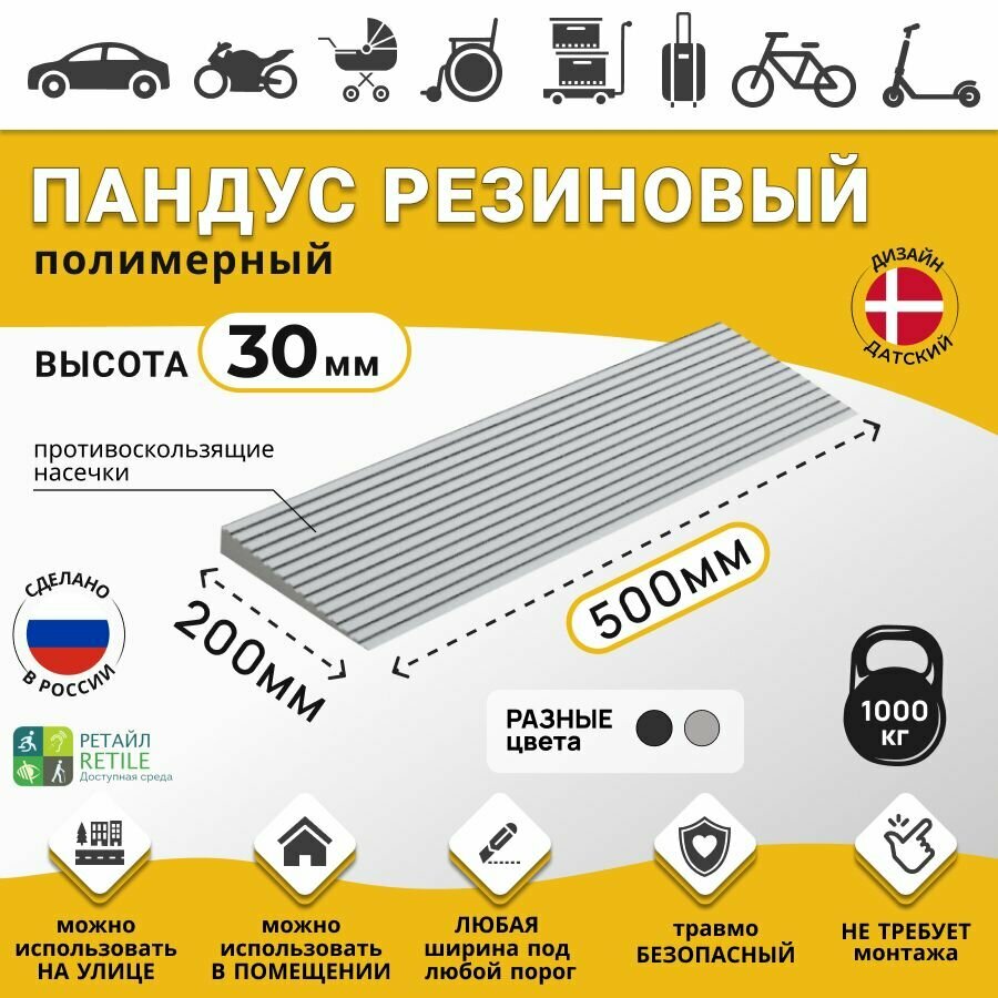 Ретайл Пандус полимерный рубеж для порогов высотой 3 см (30х1000х200 мм), чёрный, для колясок, склада и автомобилей