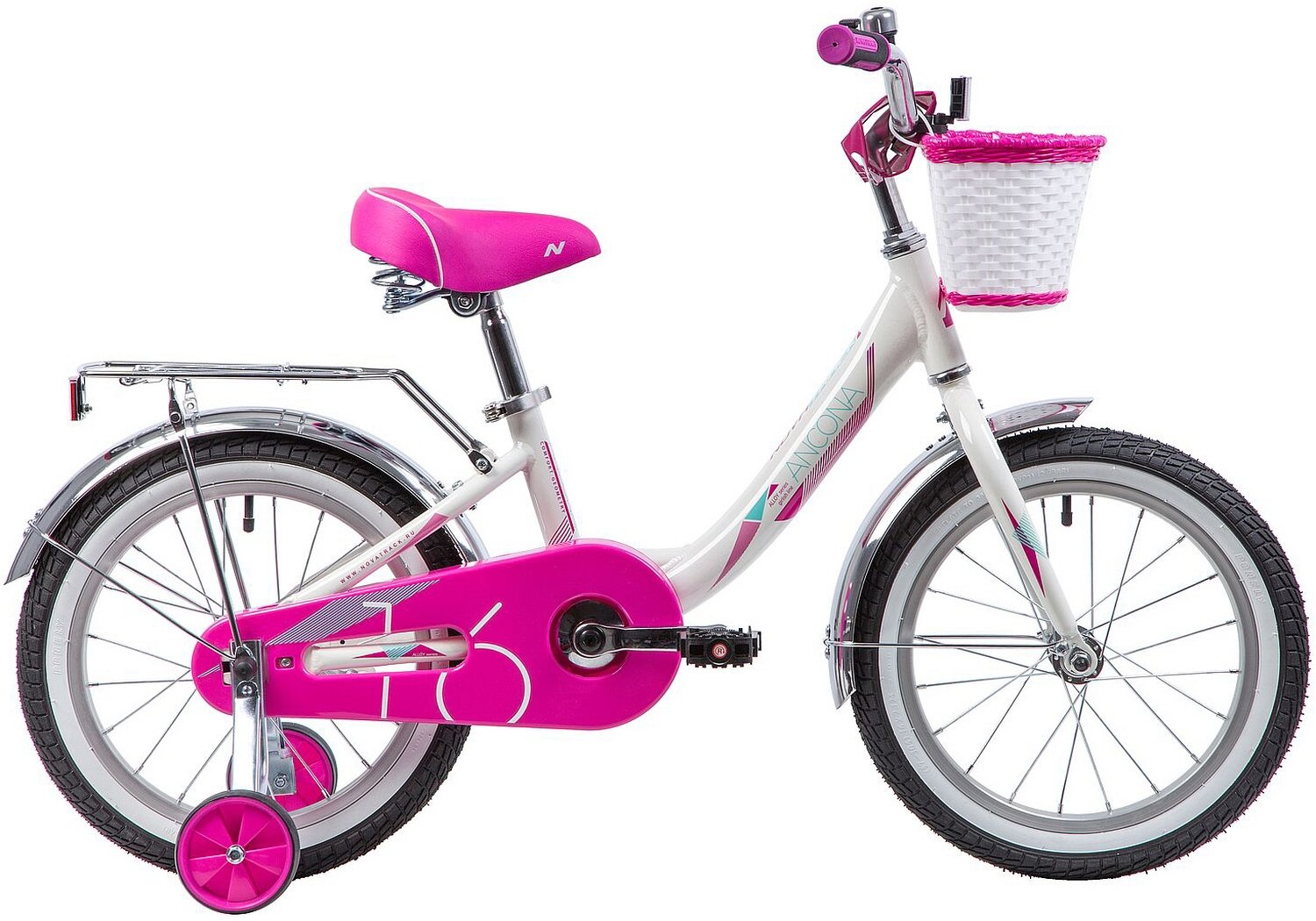 NOVATRACK ANCONA 16" (2019) (Велосипед NOVATRACK 16", ANCONA, белый, тормоз нож.,передняя корзина,крылья и багаж. хромир.)
