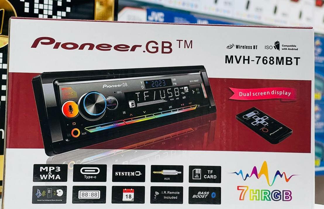 Магнитола Pioneer GB MVH-767 Bluetooth, AUX, USB, громкая связь, 6 цветов подсветки, пульт ДУ.