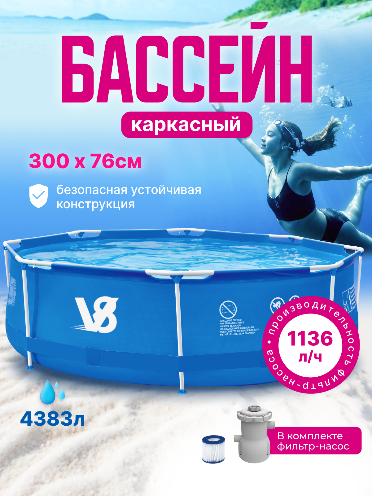Бассейн каркасный "Фильтр+подложка+тент+дозатор"